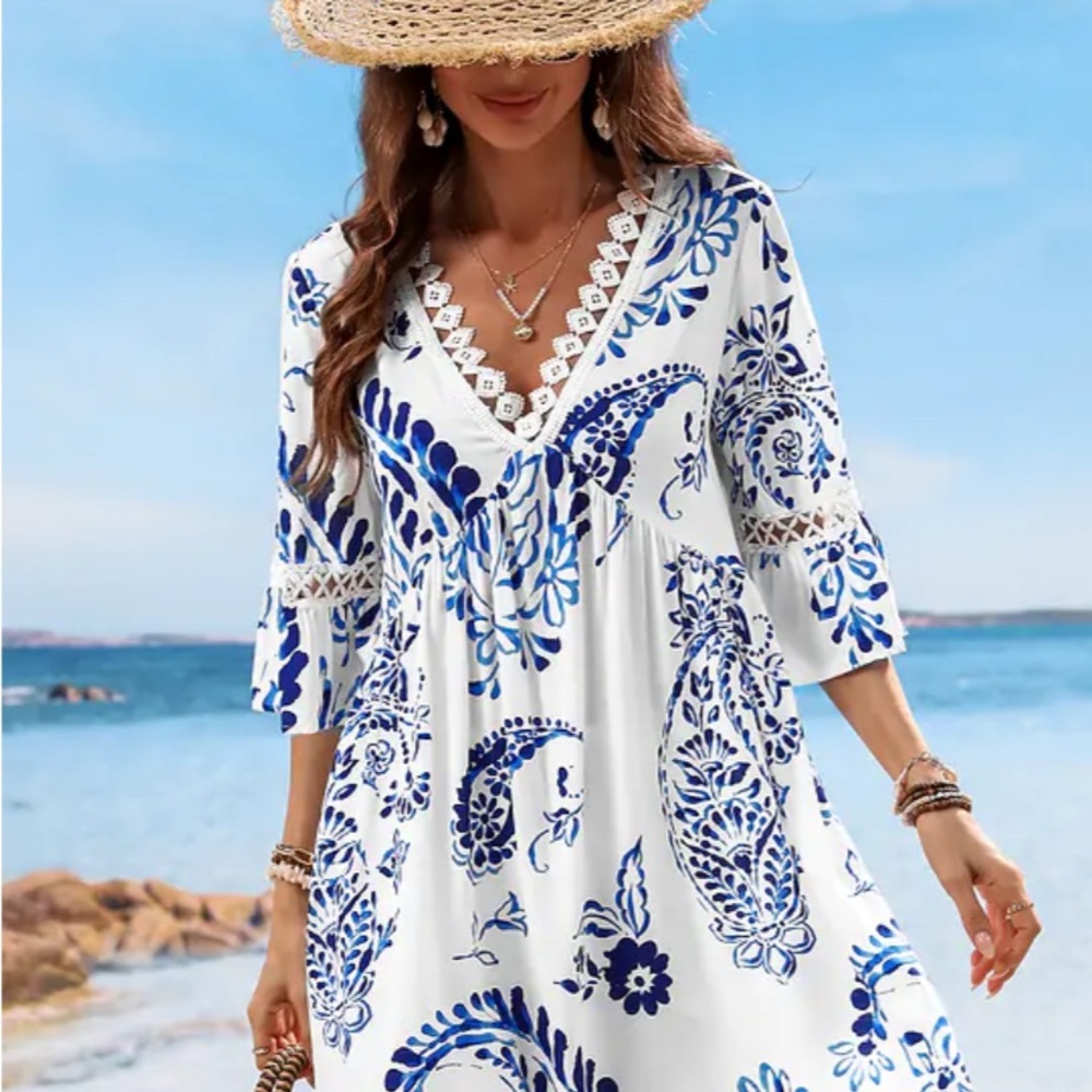 Blue and White Floral Swim Cover-Up